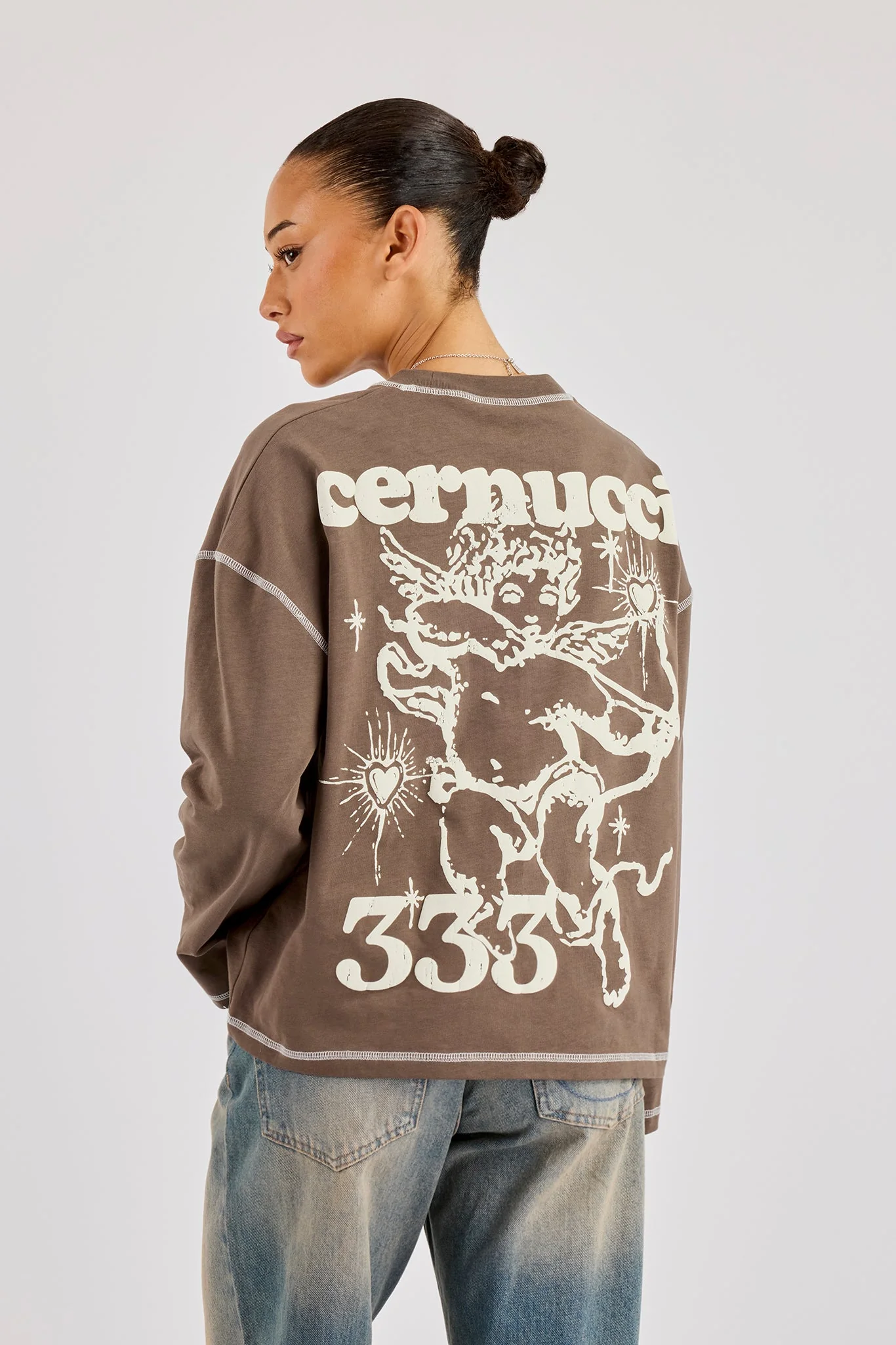 333 Contrast Stitch Long Sleeve T-Shirt - Taupe - Image 4