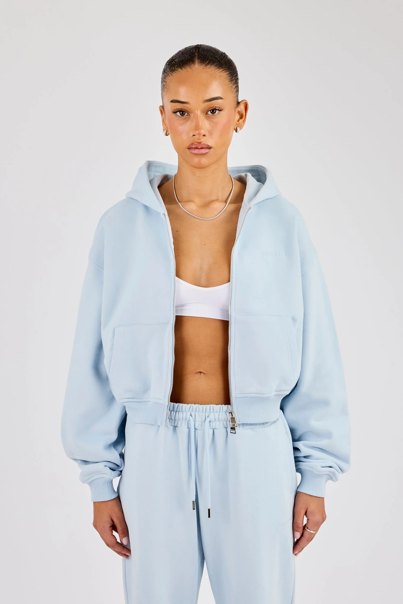Cernucci Cropped Zip Through Hoodie - Powder Blue - Image 4