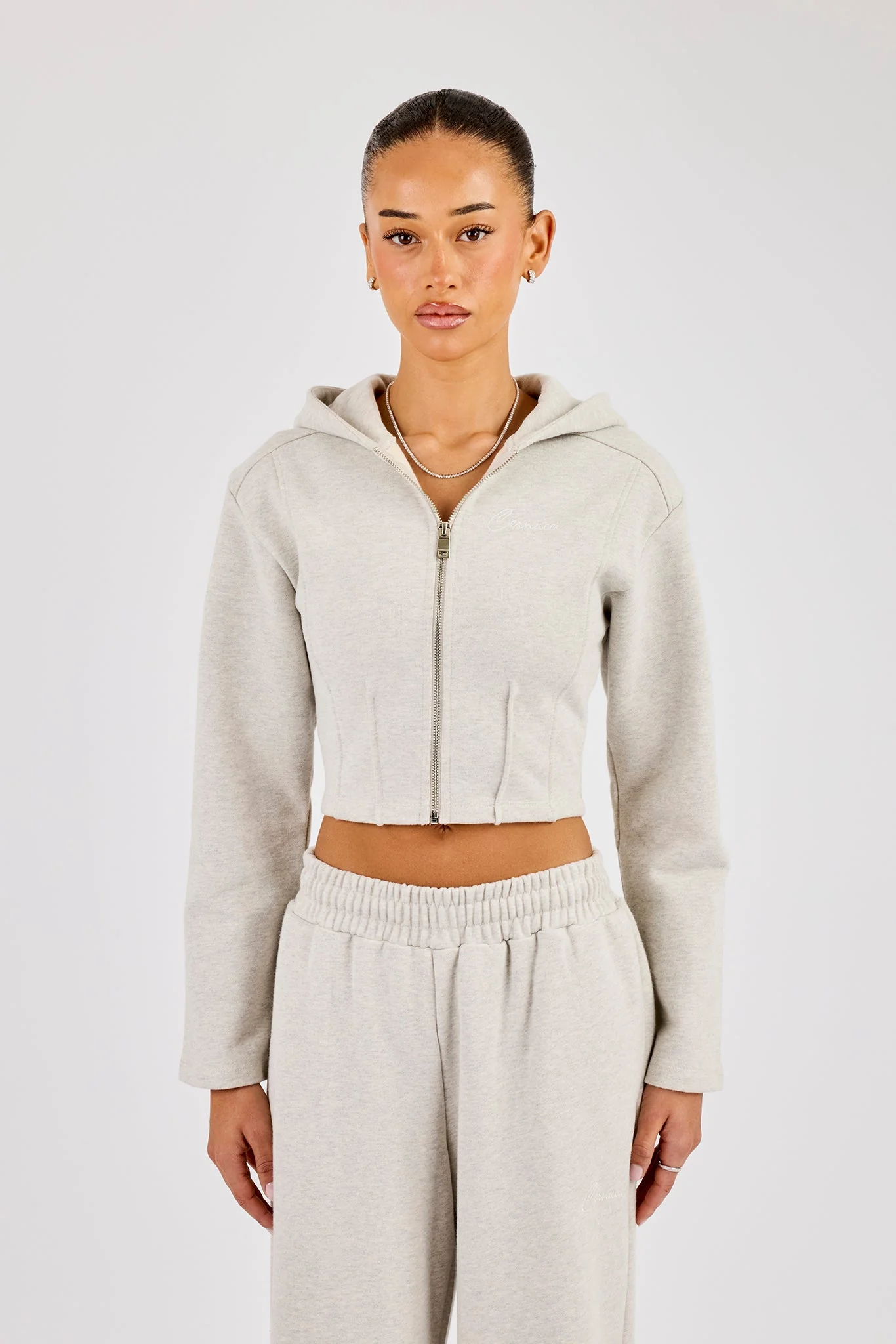 Corset Fitted Zip Hoodie - Ash Grey - Image 4