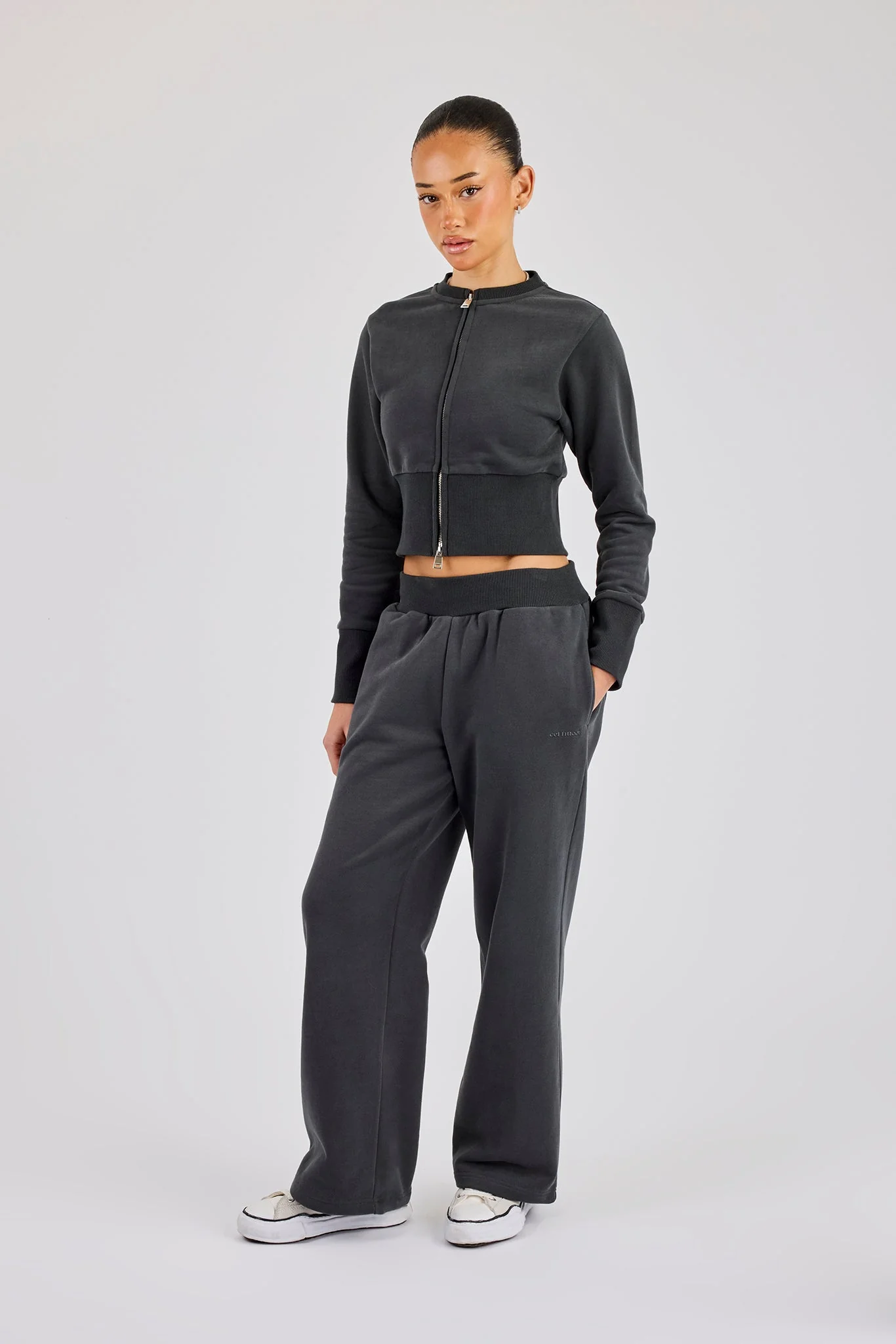 Fitted Rib Wide Leg Jogger - Charcoal - Image 4