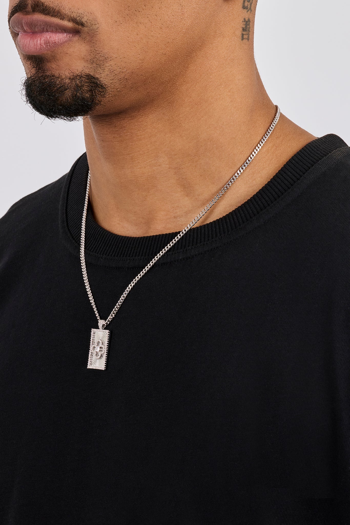 Iced Edge Motif Tag Micro Pendant Necklace - 15mm - White - Image 3