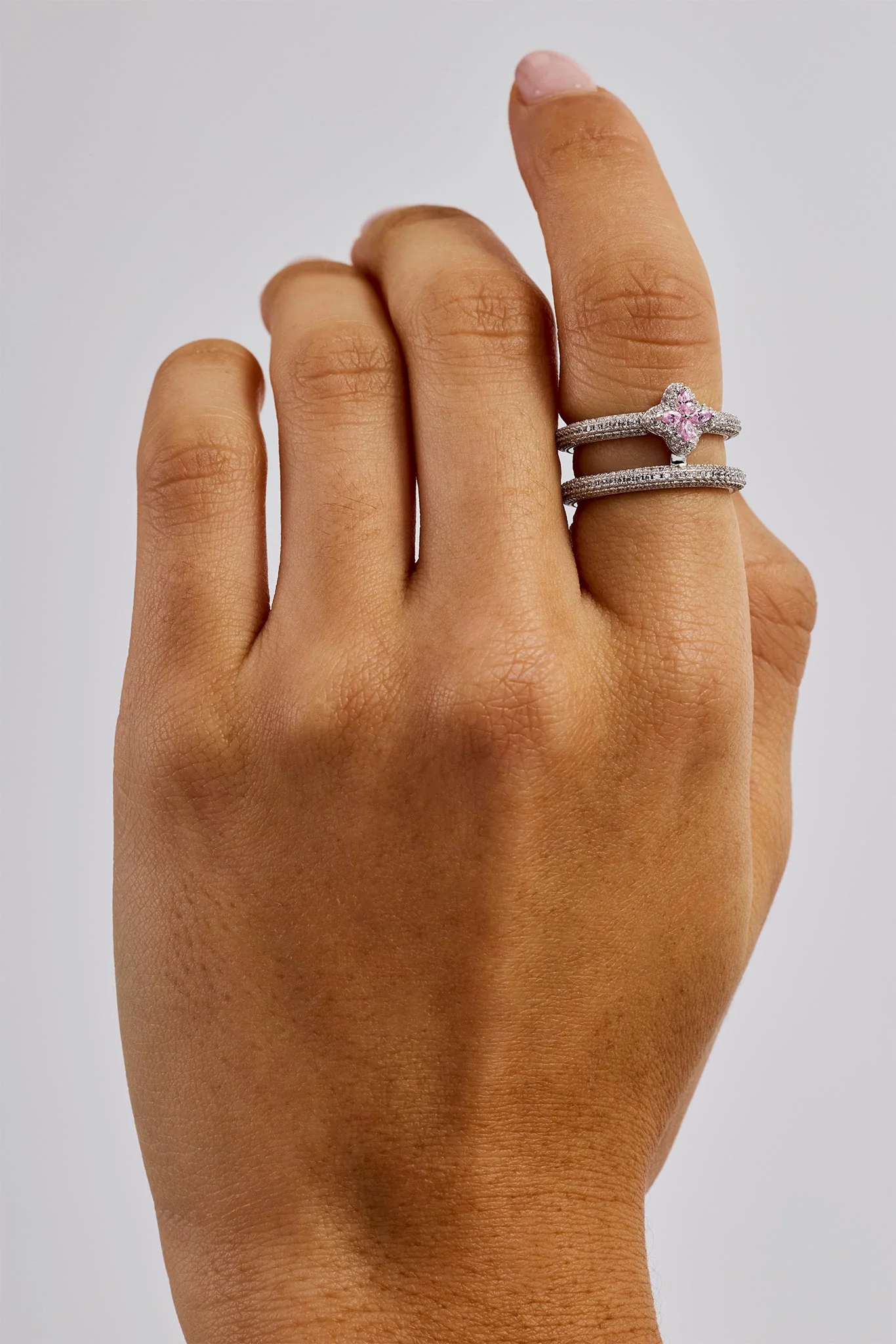 Iced Motif Double Band Row Ring - White - Image 3