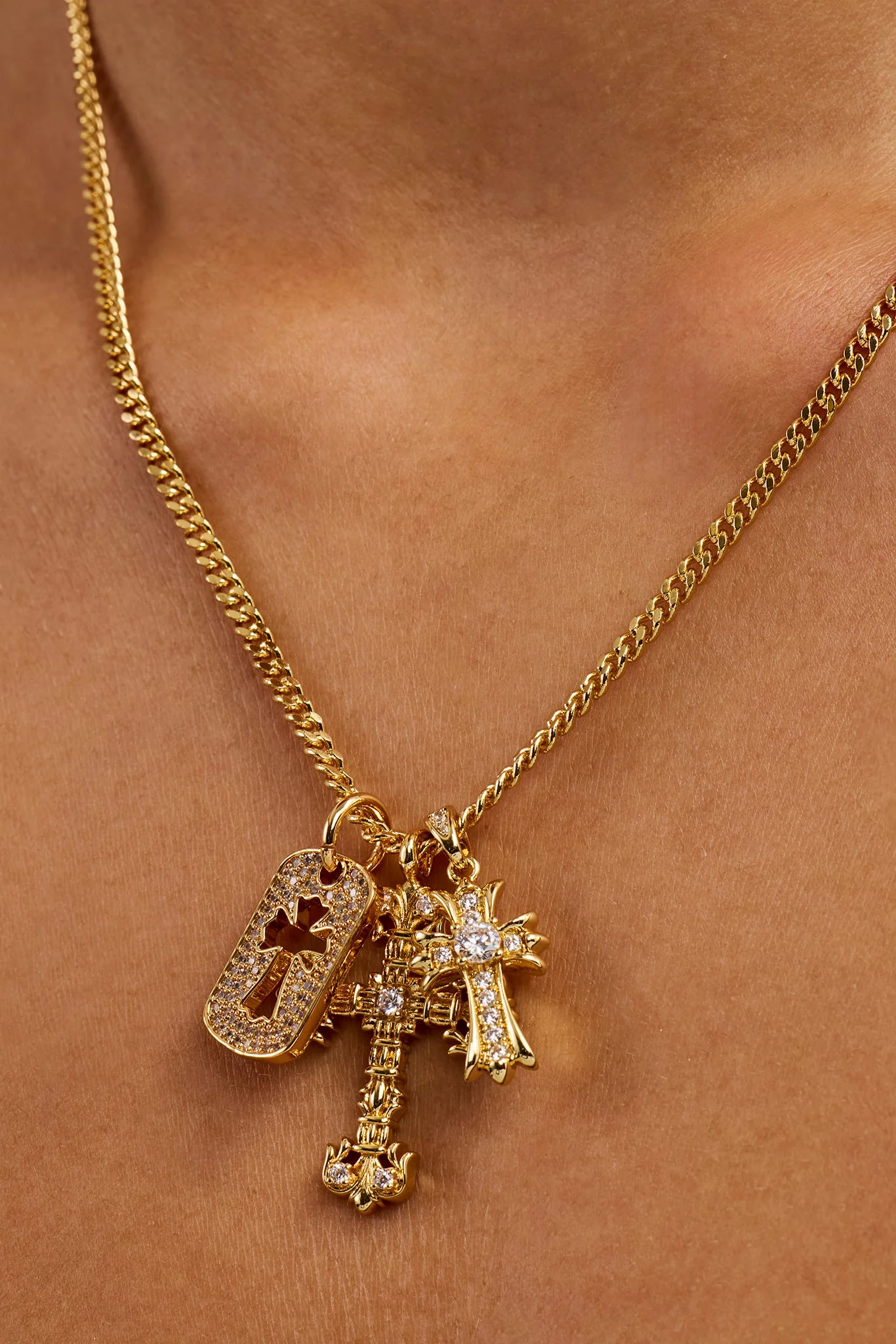 Iced Triple Cross & Tag Necklace - 20mm - Gold - Image 3
