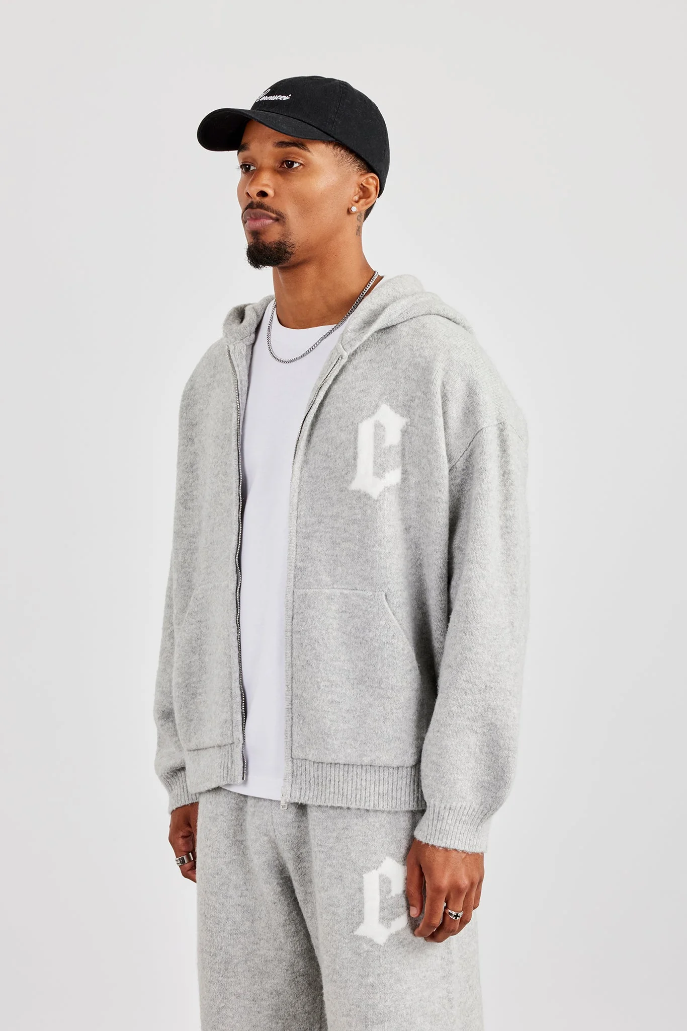 Mens C Knitted Zip Through Hoodie - Grey - Image 3