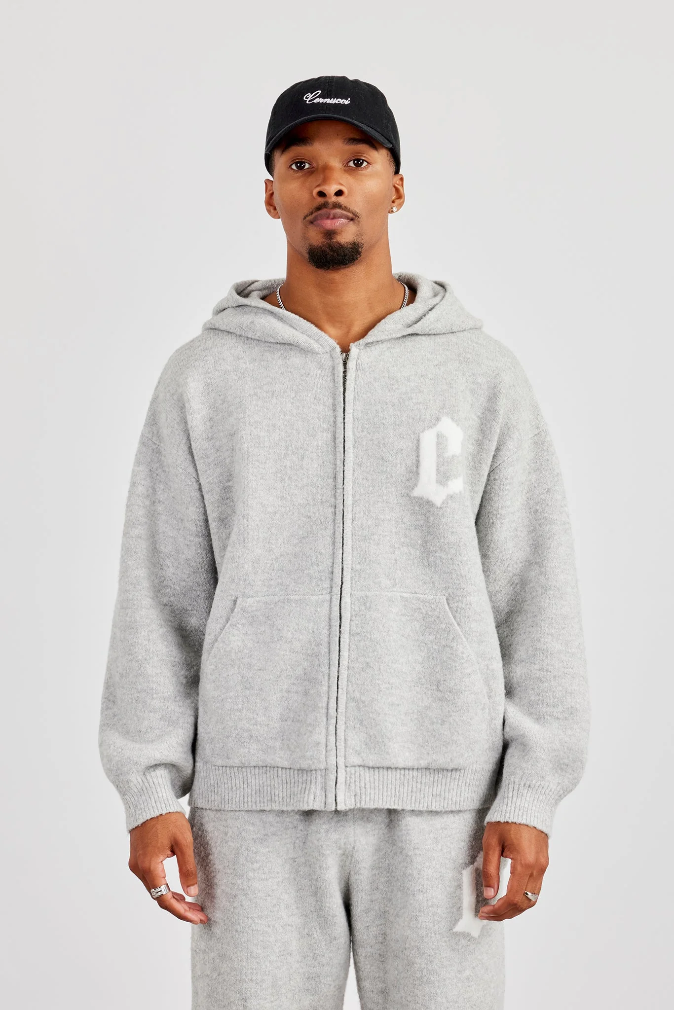 Mens C Knitted Zip Through Hoodie - Grey - Image 4
