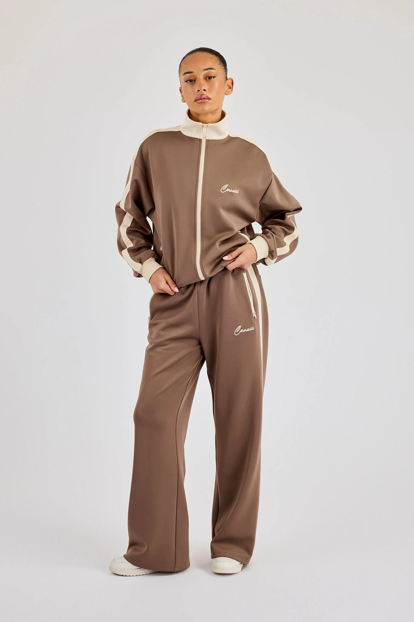 Off White Rib Contrast Track Pant - Taupe - Image 4