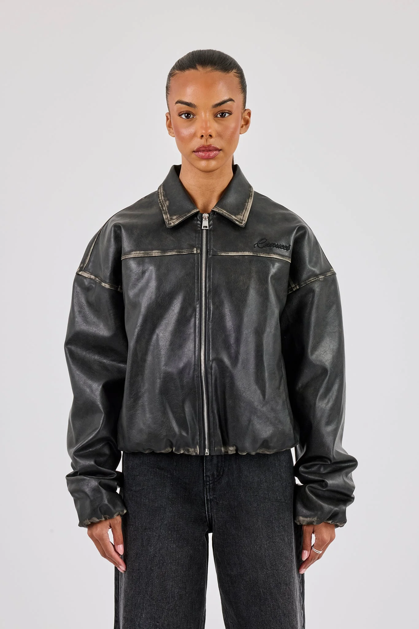 Washed PU Harrington Jacket - Black - Image 3