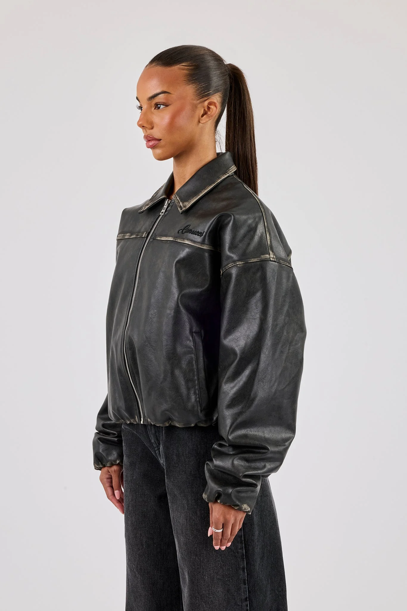 Washed PU Harrington Jacket - Black - Image 4