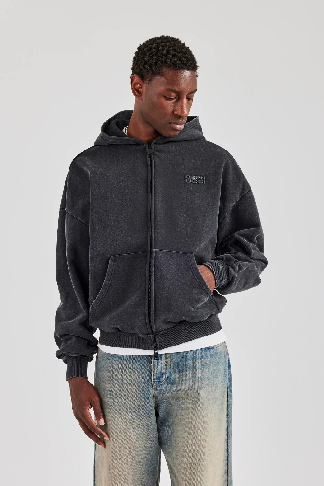 Washed Zip Through Hoodie - Black - Image 4